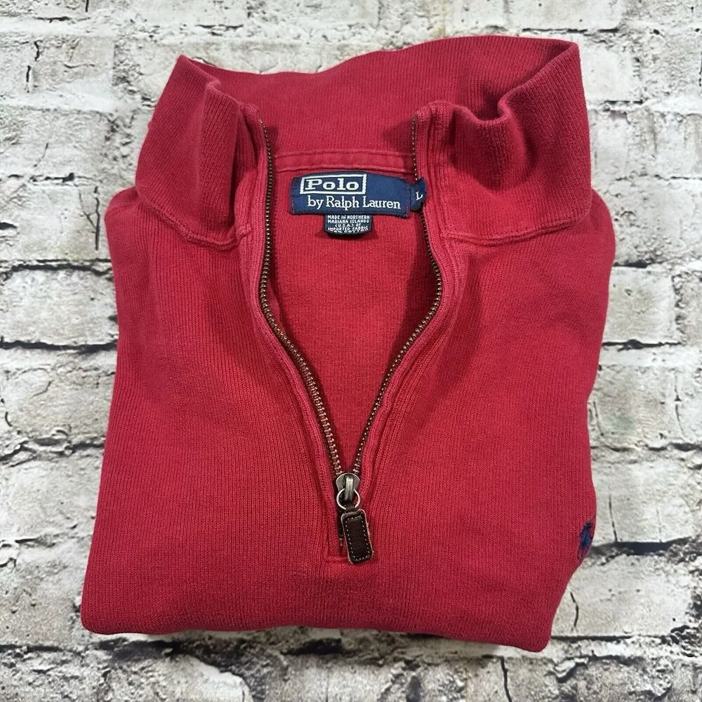 Polo Ralph Lauren Sweater Mens Large Red 1/4‎ Zip Pullover Pony Logo Preppy
